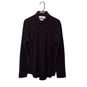 Mizzen + Main Shirt Mens Large Navy Red Plaid Performance Stretch Trim Fit
